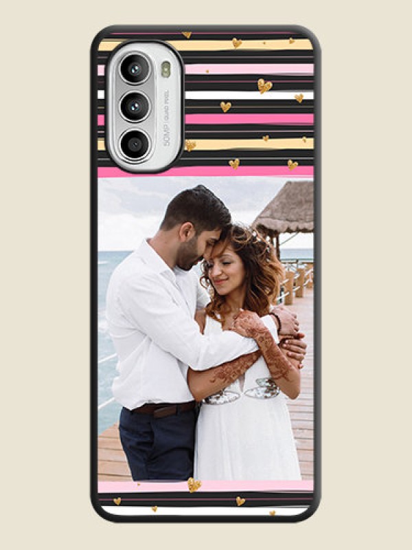 Custom Multicolor Lines and Golden Love Symbols Design on Photo on Space Black Soft Matte Mobile Cover - Moto G52