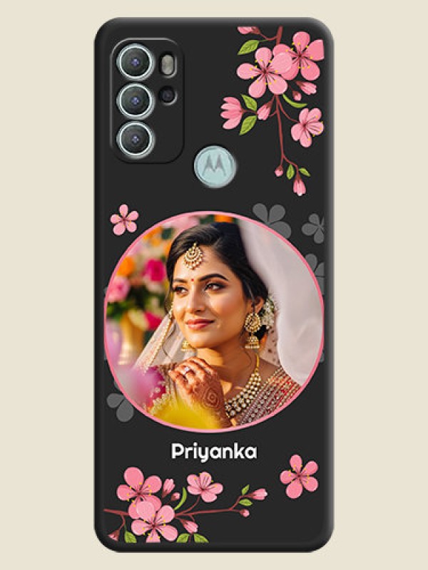 Custom Round Image with Pink Color Floral Design on Photo on Space Black Soft Matte Back Cover - Moto G60s