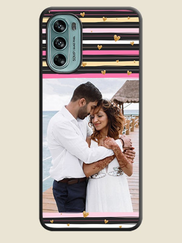 Custom Multicolor Lines and Golden Love Symbols Design on Photo on Space Black Soft Matte Mobile Cover - Moto G62