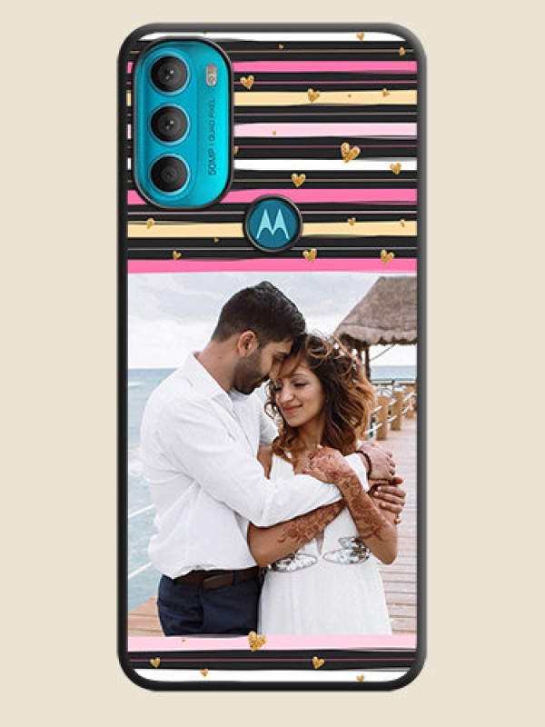 Custom Multicolor Lines and Golden Love Symbols Design on Photo on Space Black Soft Matte Mobile Cover - Moto G71 5G