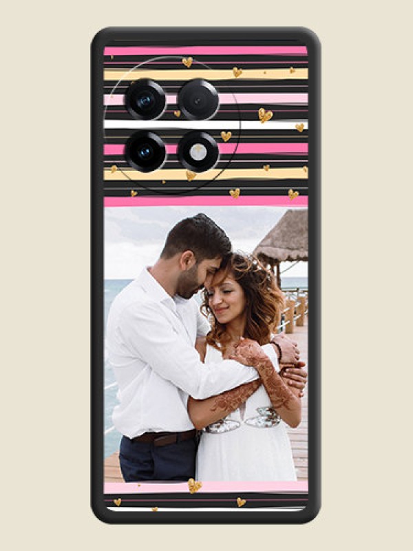 Custom Multicolor Lines and Golden Love Symbols Design on Photo on Space Black Soft Matte Mobile Cover - OnePlus 11R 5G