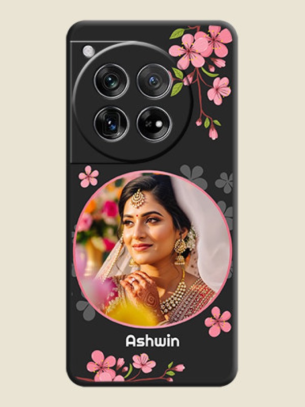 Custom Round Image with Pink Color Floral Design on Photo On Space Black Custom Soft Matte Mobile Back Cover - OnePlus 12 5G