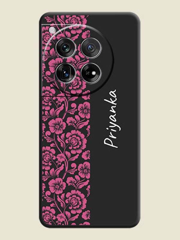 Custom Pink Floral Pattern Design With Custom Text On Space Black Custom Soft Matte Mobile Back Cover - OnePlus 12 5G