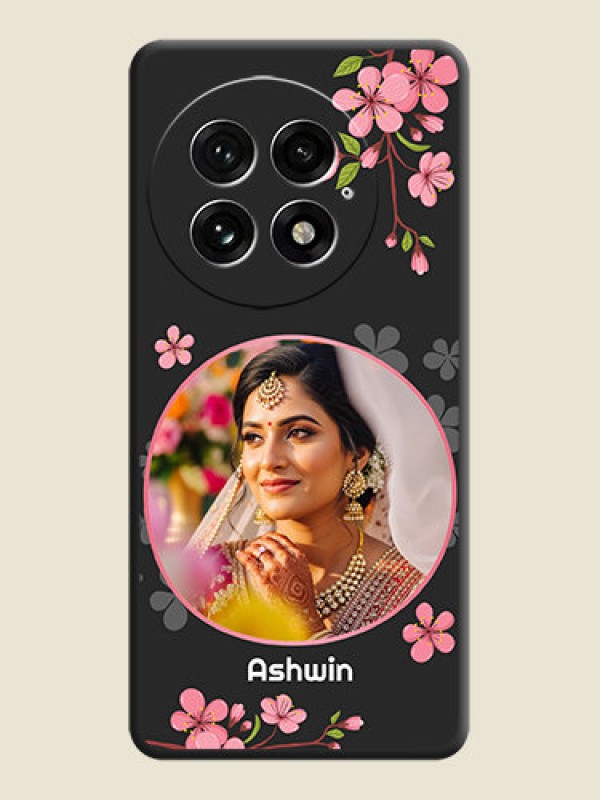 Custom Round Image with Pink Color Floral Design on Photo On Space Black Custom Soft Matte Mobile Back Cover - OnePlus 13 5G