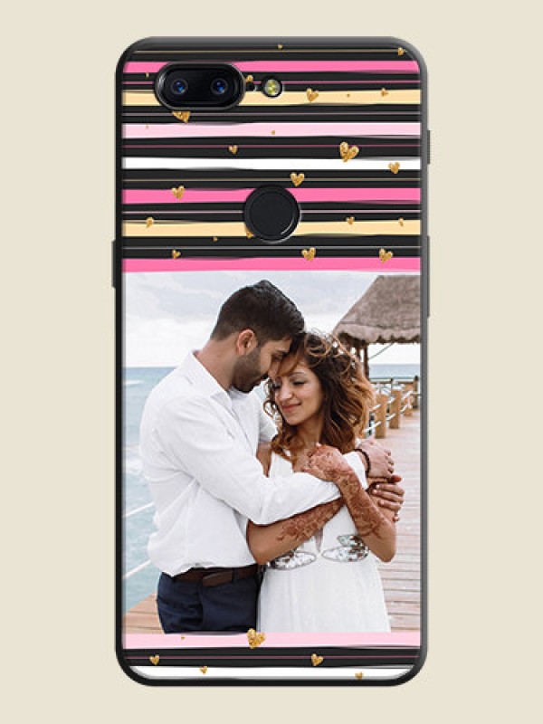 Custom Multicolor Lines and Golden Love Symbols Design - Photo on Space Black Soft Matte Mobile Cover - OnePlus 5T