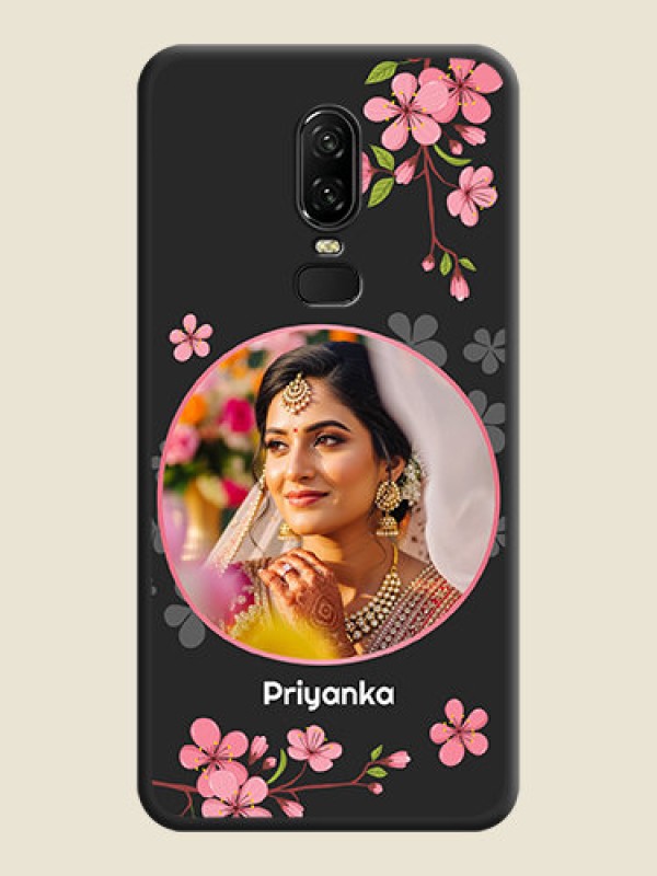 Custom Round Image with Pink Color Floral Design - Photo on Space Black Soft Matte Back Cover - OnePlus 6