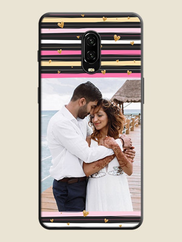 Custom Multicolor Lines and Golden Love Symbols Design - Photo on Space Black Soft Matte Mobile Cover - OnePlus 6T