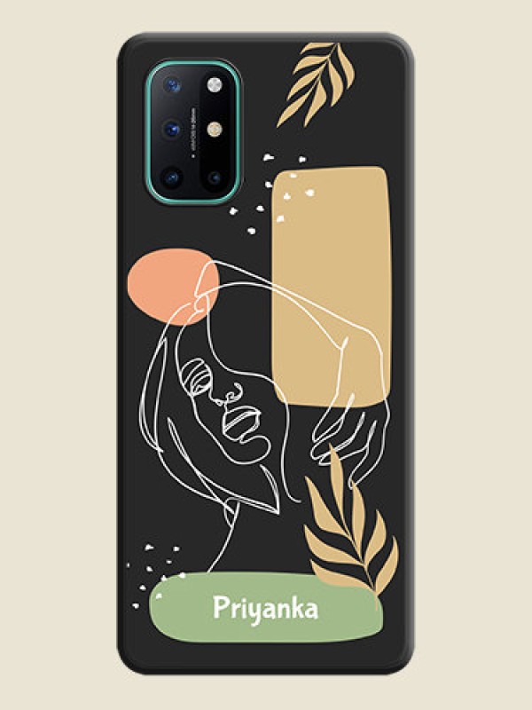 Custom Custom Text With Line Art Of Women & Leaves Design On Space Black Personalized Soft Matte Phone Covers -Oneplus 8T