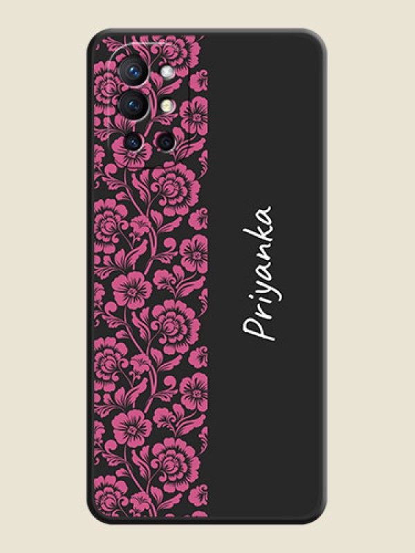 Custom Pink Floral Pattern Design With Custom Text On Space Black Personalized Soft Matte Phone Covers -Oneplus 9R 5G