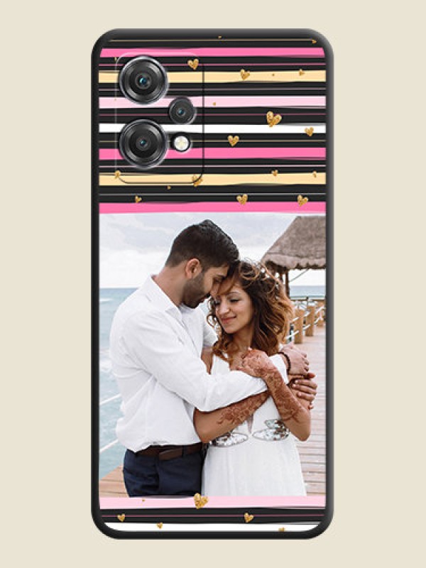 Custom Multicolor Lines and Golden Love Symbols Design on Photo on Space Black Soft Matte Mobile Cover - OnePlus Nord CE 2 Lite 5G