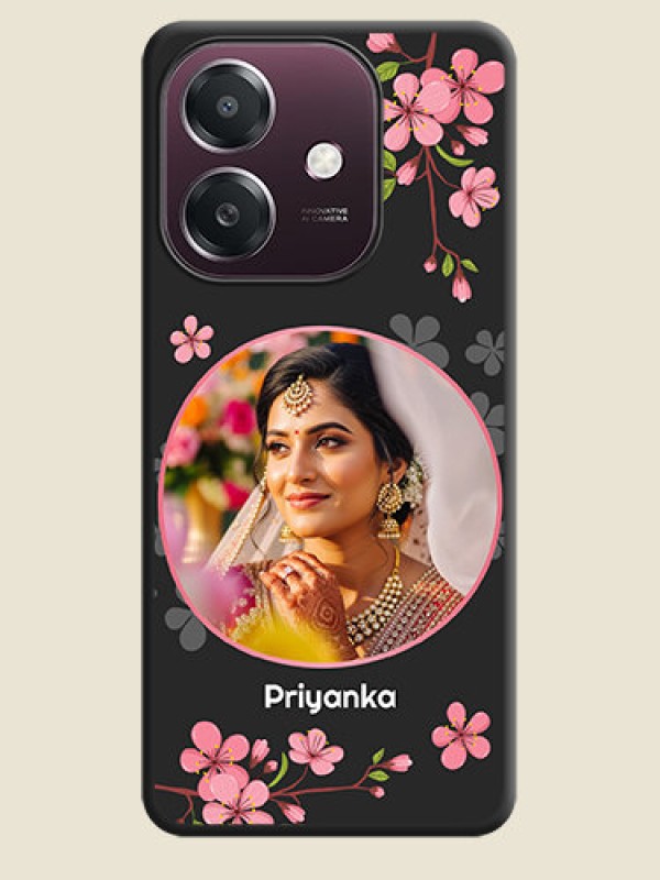 Custom Round Image with Pink Color Floral Design on Photo On Space Black Custom Soft Matte Mobile Back Cover - Oppo A3X 4G