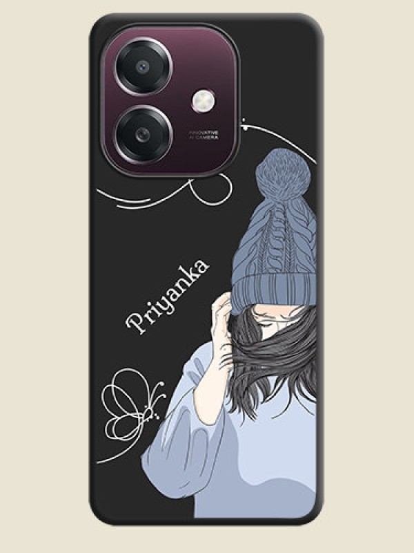 Custom Girl With Blue Winter Outfiit Custom Text Design On Space Black Custom Soft Matte Mobile Back Cover - Oppo A3X 4G