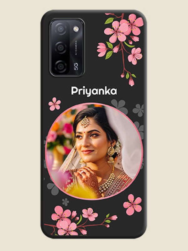 Custom Round Image with Pink Color Floral Design on Photo on Space Black Soft Matte Back Cover - Oppo A53s 5G
