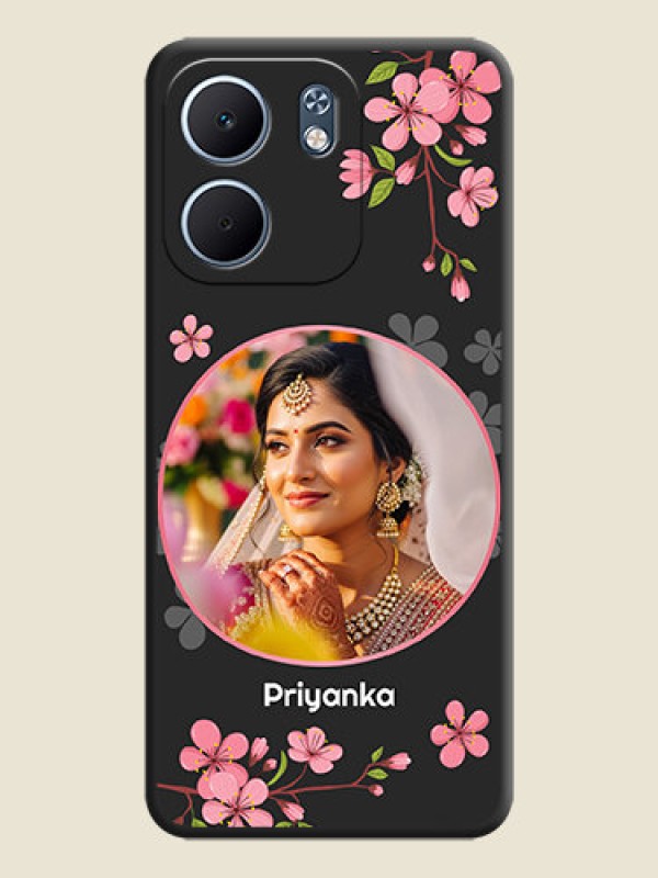 Custom Round Image with Pink Color Floral Design on Photo On Space Black Custom Soft Matte Mobile Back Cover - Oppo A5X 4G