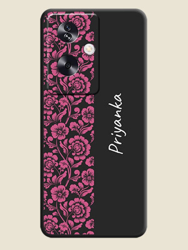 Custom Pink Floral Pattern Design With Custom Text On Space Black Custom Soft Matte Mobile Back Cover - Oppo A79 5G