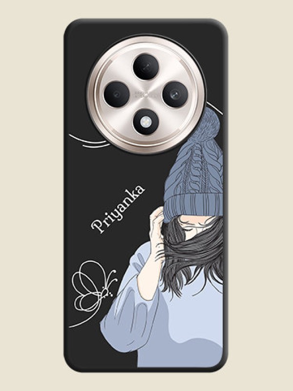 Custom Girl With Blue Winter Outfiit Custom Text Design On Space Black Custom Soft Matte Mobile Back Cover - Oppo F27 5G