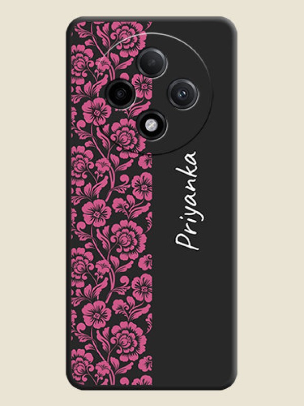 Custom Pink Floral Pattern Design With Custom Text On Space Black Custom Soft Matte Mobile Back Cover - Oppo F27 Pro Plus 5G