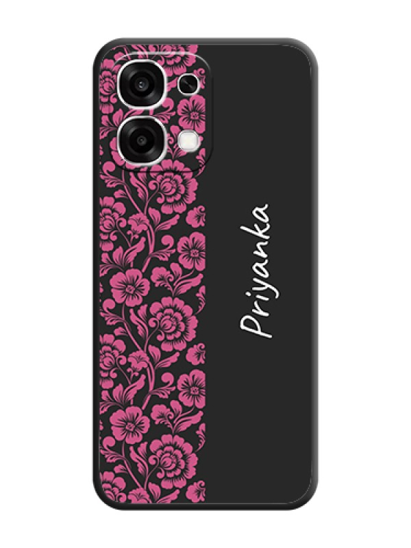 Custom Pink Floral Pattern Design With Custom Text On Space Black Custom Soft Matte Mobile Back Cover - Oppo F33 5G