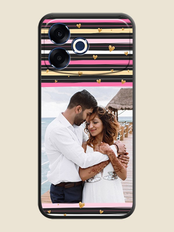 Custom Multicolor Lines and Golden Love Symbols Design on Photo On Space Black Custom Soft Matte Mobile Back Cover - Oppo F33 Pro 5G