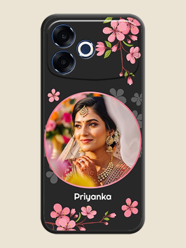 Custom Round Image with Pink Color Floral Design on Photo On Space Black Custom Soft Matte Mobile Back Cover - Oppo F33 Pro 5G