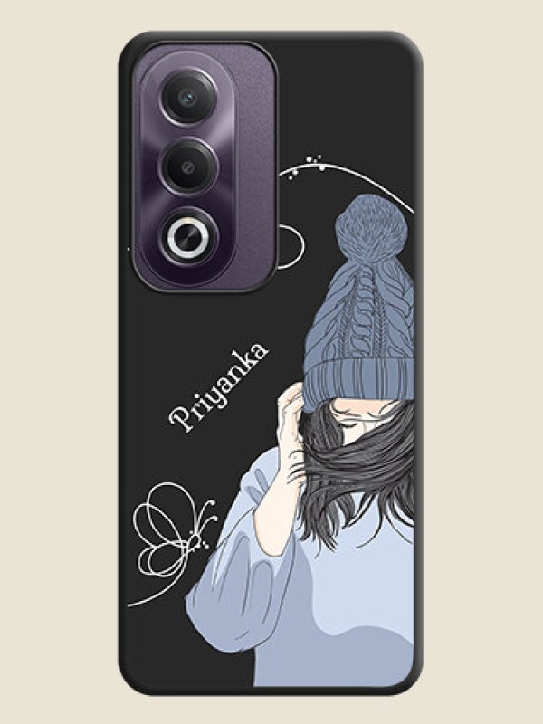 Custom Girl With Blue Winter Outfiit Custom Text Design On Space Black Custom Soft Matte Mobile Back Cover - Oppo K12x 5G