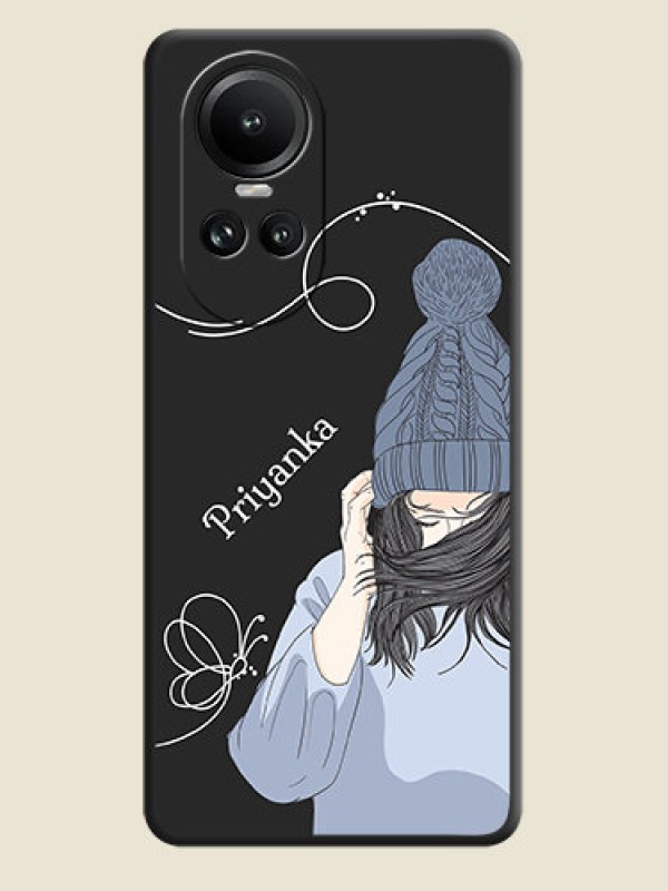 Custom Girl With Blue Winter Outfiit Custom Text Design On Space Black Personalized Soft Matte Phone Covers - Reno 10 Pro 5G