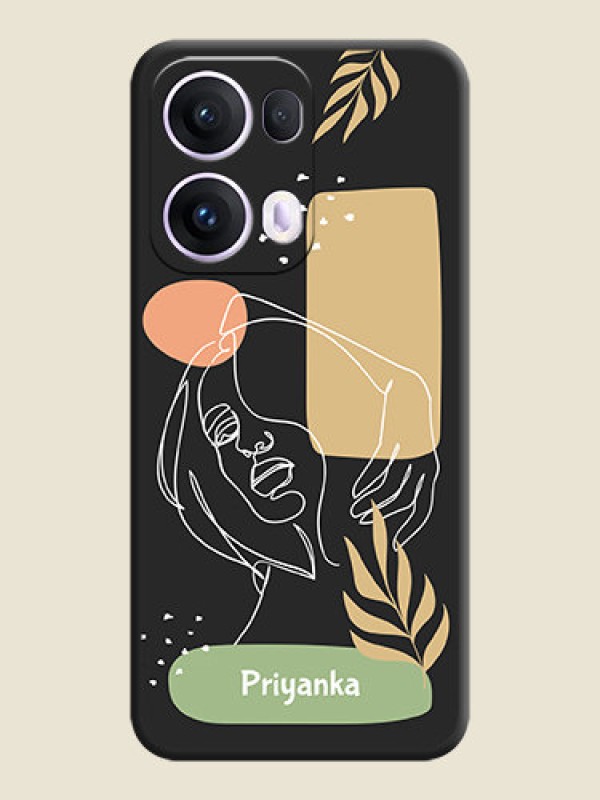 Custom Custom Text With Line Art Of Women & Leaves Design On Space Black Custom Soft Matte Mobile Back Cover - Oppo Reno 13 Pro 5G