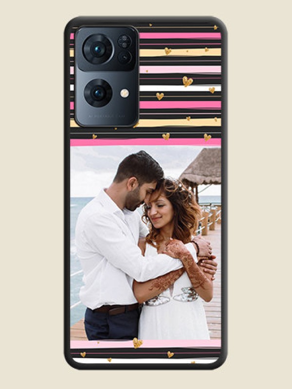 Custom Multicolor Lines and Golden Love Symbols Design on Photo on Space Black Soft Matte Mobile Cover - Oppo Reno 7 Pro 5G