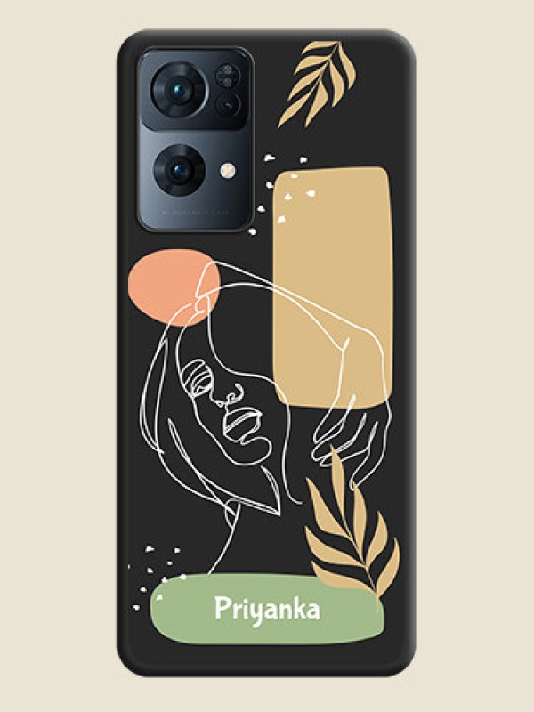 Custom Custom Text With Line Art Of Women & Leaves Design On Space Black Personalized Soft Matte Phone Covers -Oppo Reno 7 Pro 5G
