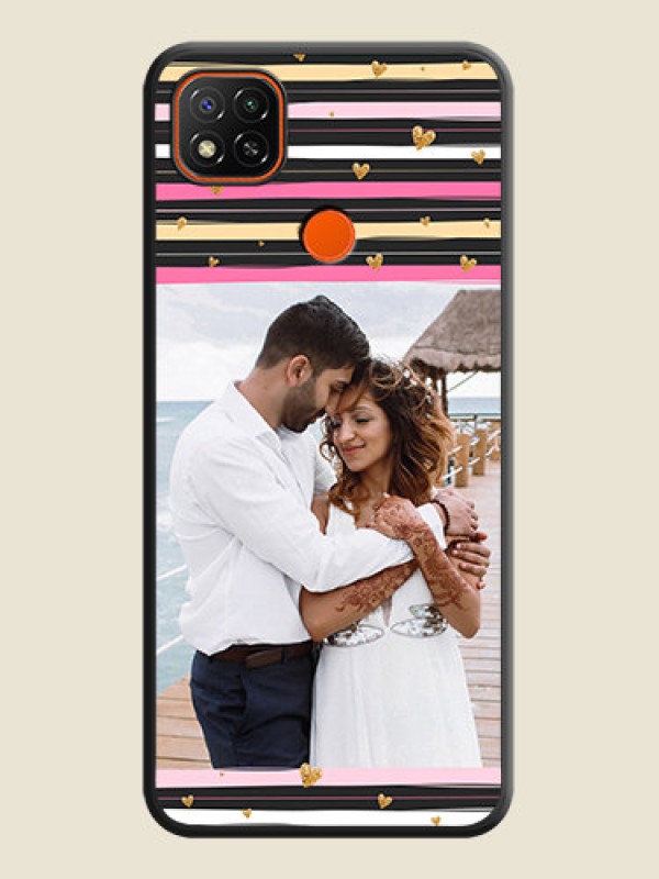 Custom Multicolor Lines and Golden Love Symbols Design on Photo on Space Black Soft Matte Mobile Cover - Poco C31