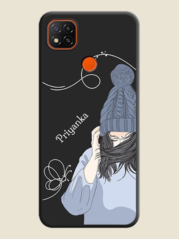 Custom Girl With Blue Winter Outfiit Custom Text Design On Space Black Personalized Soft Matte Phone Covers -Poco C31