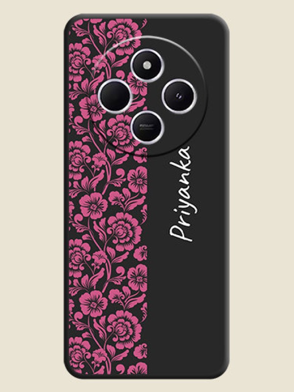 Custom Pink Floral Pattern Design With Custom Text On Space Black Custom Soft Matte Mobile Back Cover - Poco C75 5G