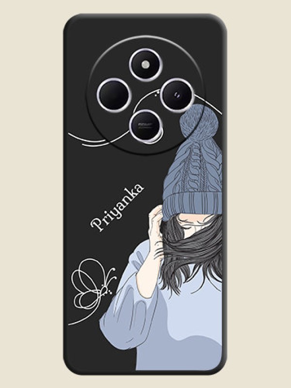 Custom Girl With Blue Winter Outfiit Custom Text Design On Space Black Custom Soft Matte Mobile Back Cover - Poco C75 5G