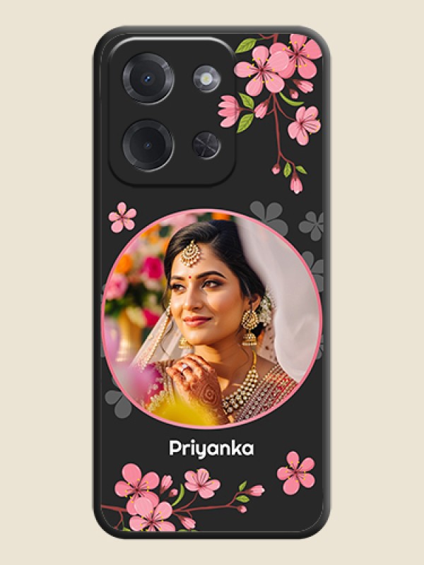 Custom Round Image with Pink Color Floral Design on Photo On Space Black Custom Soft Matte Mobile Back Cover - Poco C85 5G