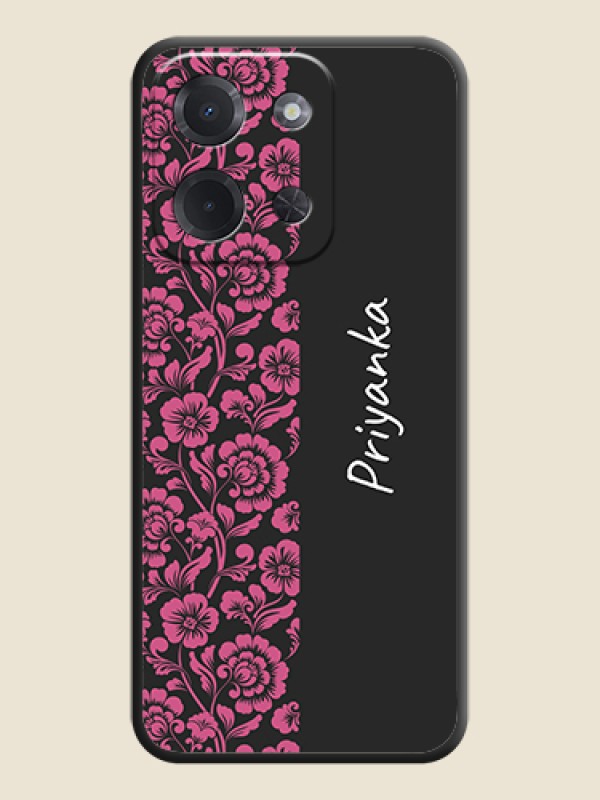 Custom Pink Floral Pattern Design With Custom Text On Space Black Custom Soft Matte Mobile Back Cover - Poco C85 5G