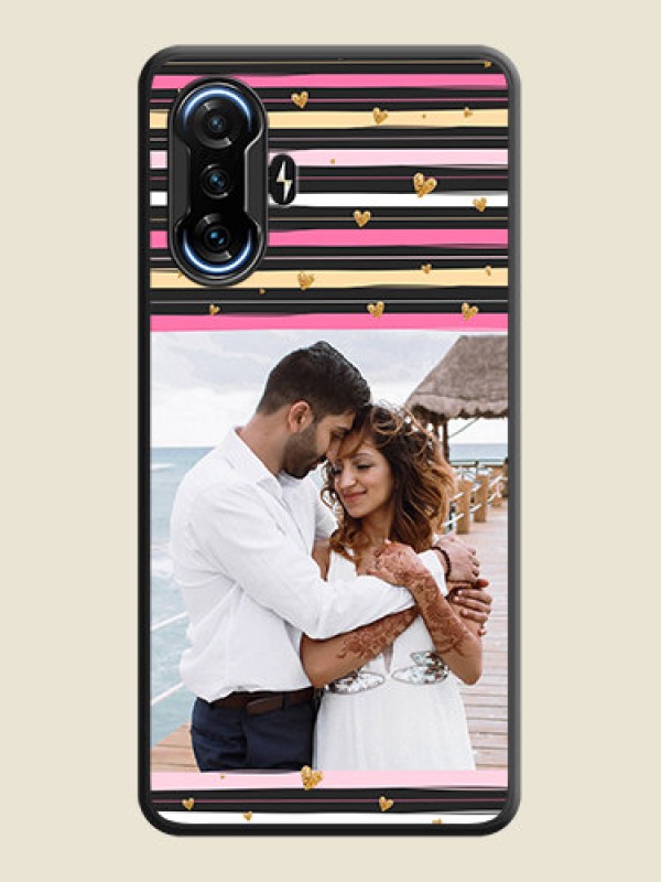 Custom Multicolor Lines and Golden Love Symbols Design on Photo on Space Black Soft Matte Mobile Cover - POco F3 GT