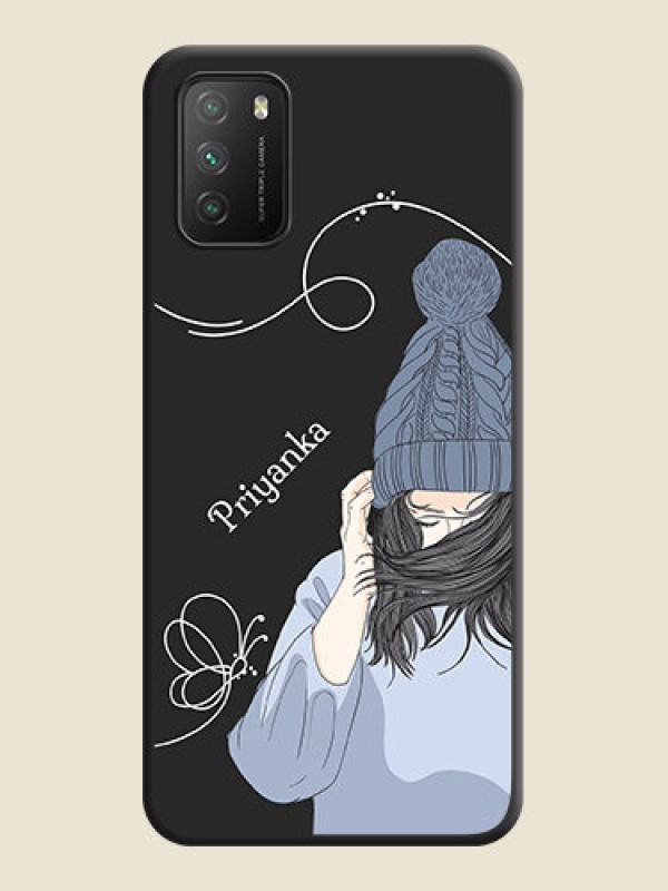 Custom Girl With Blue Winter Outfiit Custom Text Design On Space Black Personalized Soft Matte Phone Covers -Poco M3