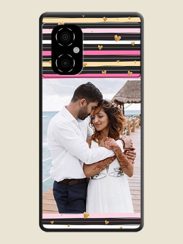 Custom Multicolor Lines and Golden Love Symbols Design on Photo on Space Black Soft Matte Mobile Cover - Poco M4 5G