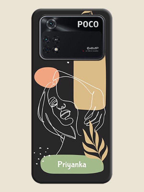 Custom Custom Text With Line Art Of Women & Leaves Design On Space Black Personalized Soft Matte Phone Covers -Poco M4 Pro 4G