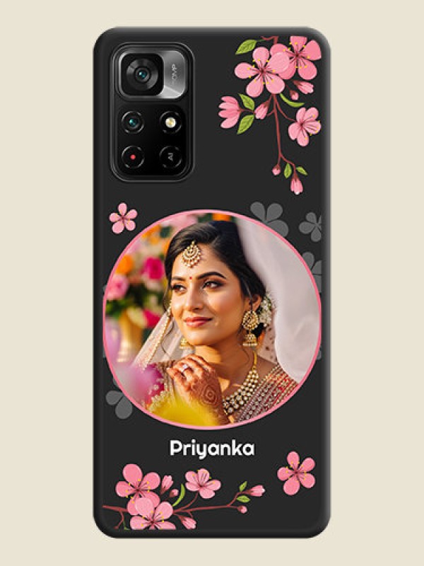 Custom Round Image with Pink Color Floral Design on Photo on Space Black Soft Matte Back Cover - Poco M4 Pro 5G