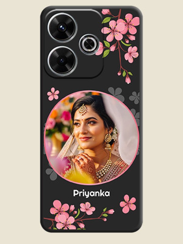 Custom Round Image with Pink Color Floral Design on Photo On Space Black Custom Soft Matte Mobile Back Cover - Poco M6 Plus 5G