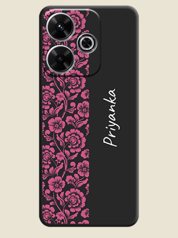 Custom Pink Floral Pattern Design With Custom Text On Space Black Custom Soft Matte Mobile Back Cover - Poco M6 Plus 5G