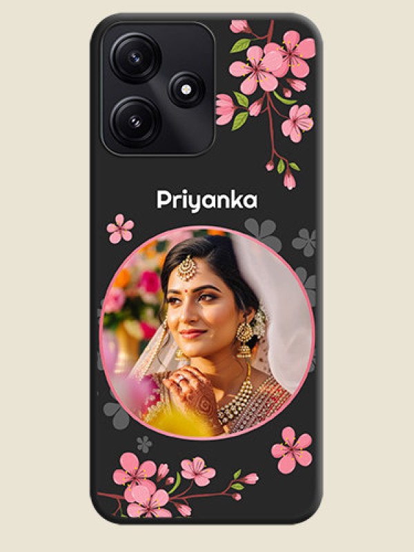 Custom Round Image with Pink Color Floral Design - Photo on Space Black Soft Matte Back Cover - Poco M6 Pro 5G