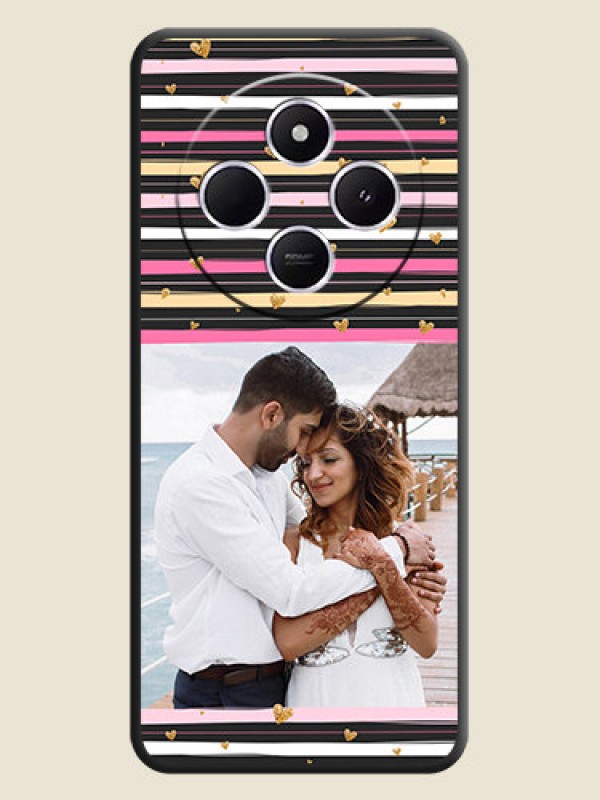 Custom Multicolor Lines and Golden Love Symbols Design on Photo On Space Black Custom Soft Matte Mobile Back Cover - Poco M7 5G