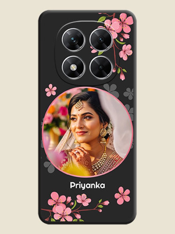 Custom Round Image with Pink Color Floral Design on Photo On Space Black Custom Soft Matte Mobile Back Cover - Poco X7 5G