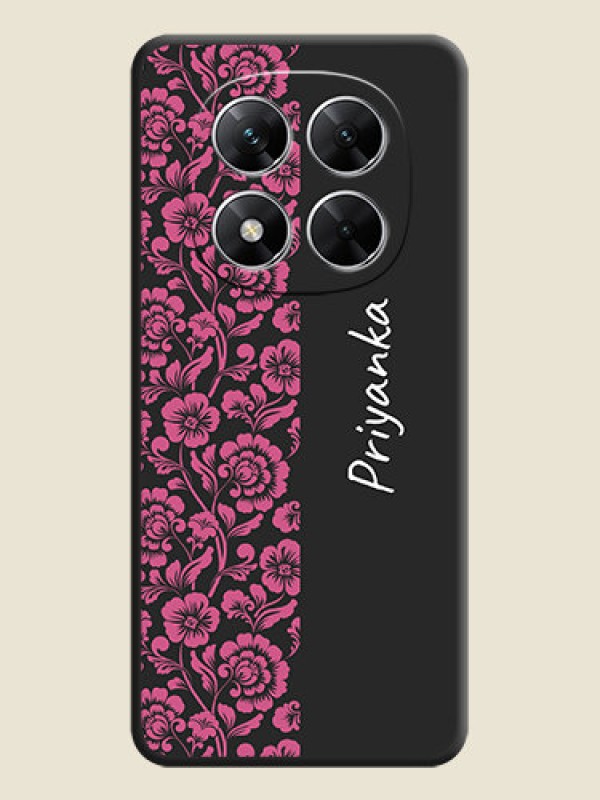 Custom Pink Floral Pattern Design With Custom Text On Space Black Custom Soft Matte Mobile Back Cover - Poco X7 5G