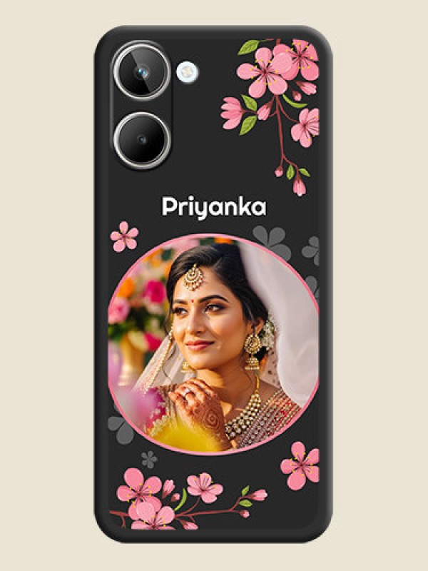 Custom Round Image with Pink Color Floral Design on Photo on Space Black Soft Matte Back Cover - Realme 10