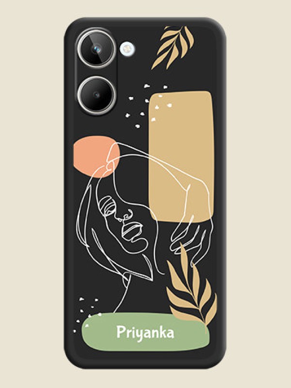 Custom Custom Text With Line Art Of Women & Leaves Design On Space Black Personalized Soft Matte Phone Covers -Realme 10