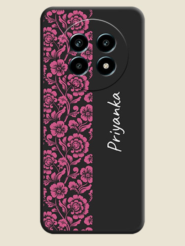 Custom Pink Floral Pattern Design With Custom Text On Space Black Custom Soft Matte Mobile Back Cover - Realme 14 Pro Lite 5G