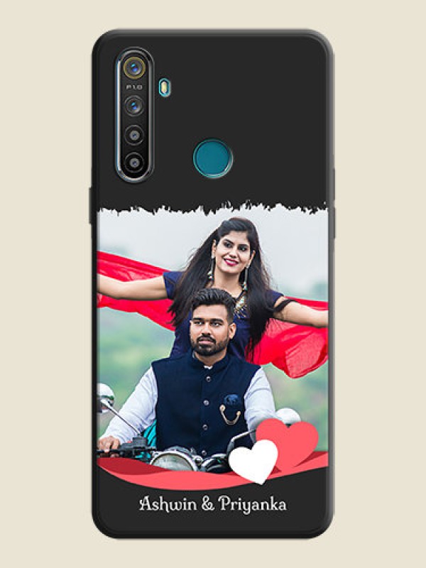 Custom Pink Color Love Shaped Ribbon Design with Text on Space Black Custom Soft Matte Phone Back Cover - Realme 5